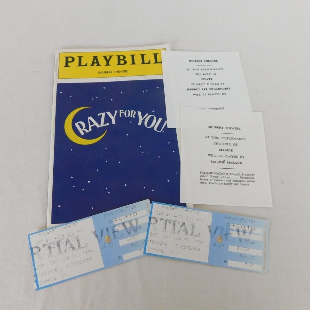 LOT Crazy For You Playbill Ticket Notes July 1992 Jodi Benson Harry Groener
